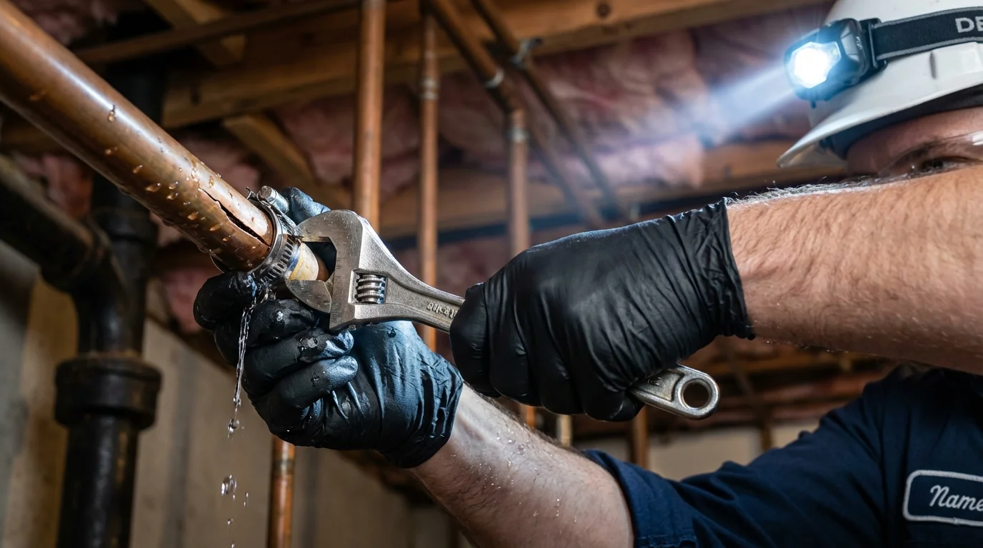 Emergency pipe clamp repair being performed by a Johns Plumbing LLC plumber in Nanuet
