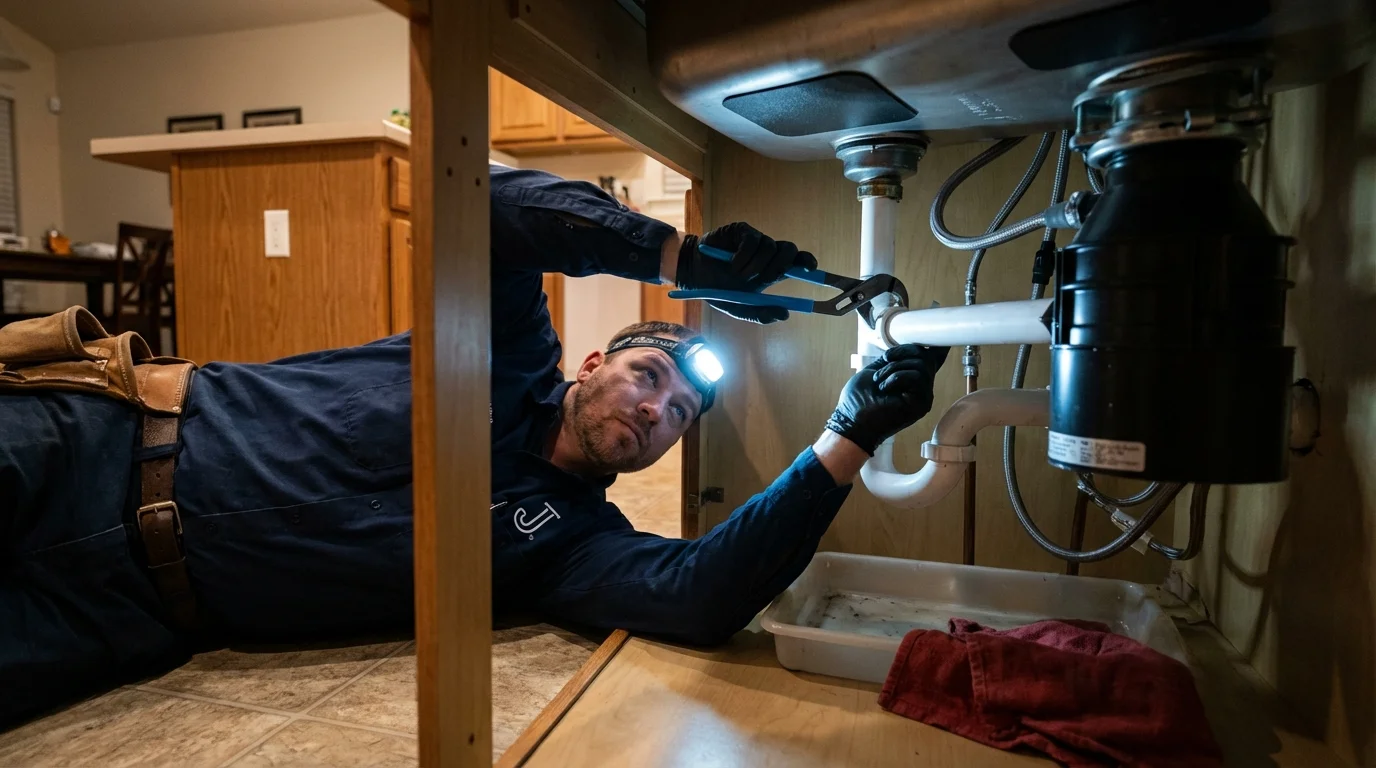 P-trap and supply line connections under a kitchen sink showing a common leak point in Nanuet, NY